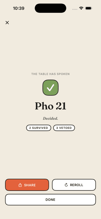 Result screen — the table has spoken